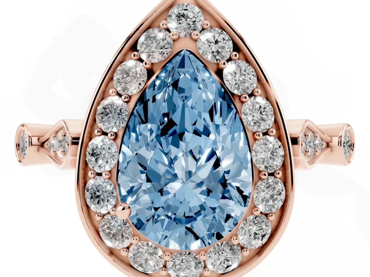 Fancy Blue Pear Cut Halo Diamond Engagement Ring with Twisted Band and Four-Prong Setting Rose gold