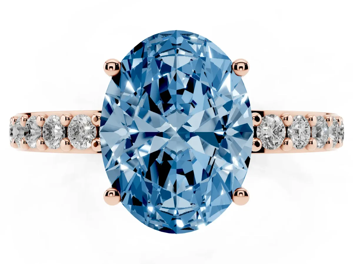 Fancy Blue Oval Cut Cut Diamond Solitaire with Pave Band and Four-Prong Setting Rose gold