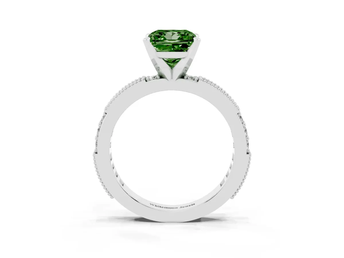 Fancy Green Princess Cut Solitaire with Pavé Band and Four-Prong Setting Silver