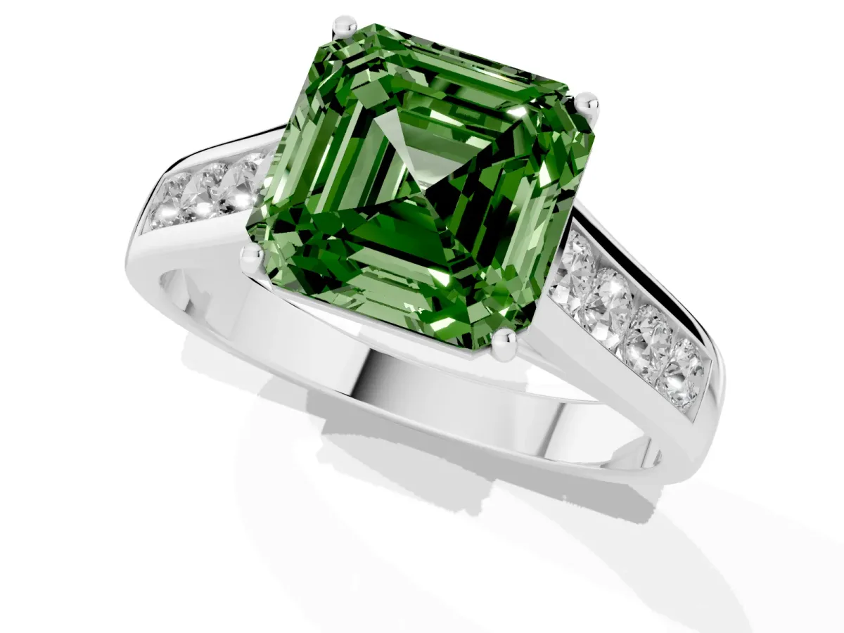 Fancy Green Asscher Cut Brilliant Channel-Set Solitaire Ring with Four-Prong Setting Silver