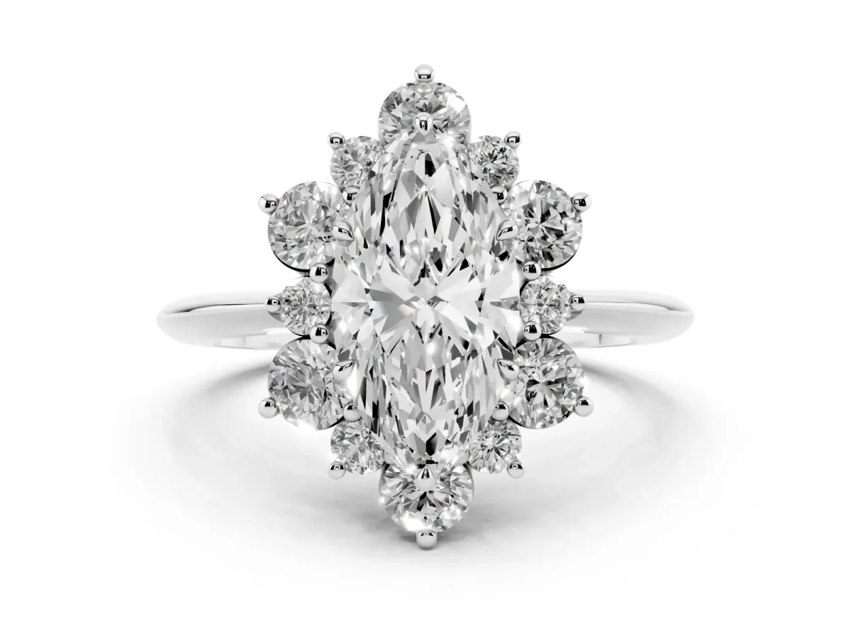 Marquise Cut Diamond Cluster Halo Ring with Solitaire Band and Four-Prong Setting Platinum