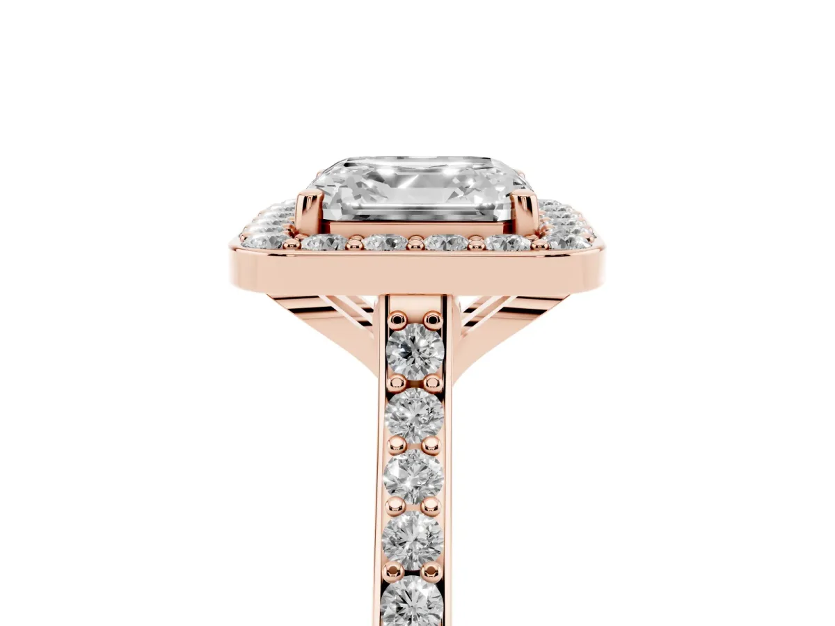 Asscher Cut Diamond Halo Engagement Ring with Round Pavé Shoulders and Prong Setting Rose gold