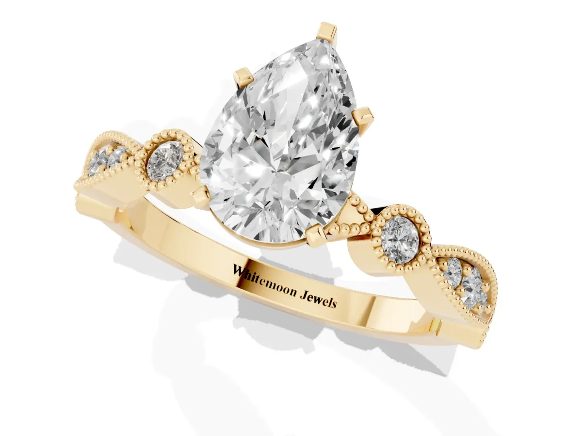 Pear Cut Milgrain Bezel Diamond Engagement Ring with Solitaire Prong Setting Yellow gold
