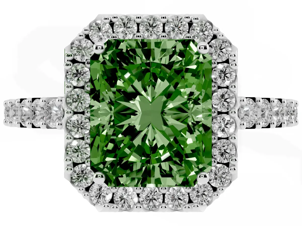 Fancy Green Radiant Cut Halo Diamond Pavé Solitaire Ring Silver