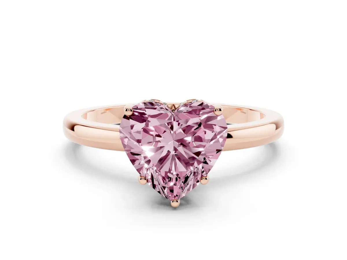 Fancy Pink Heart Cut Solitaire Diamond Ring with Prong Setting and Plain Band Rose gold