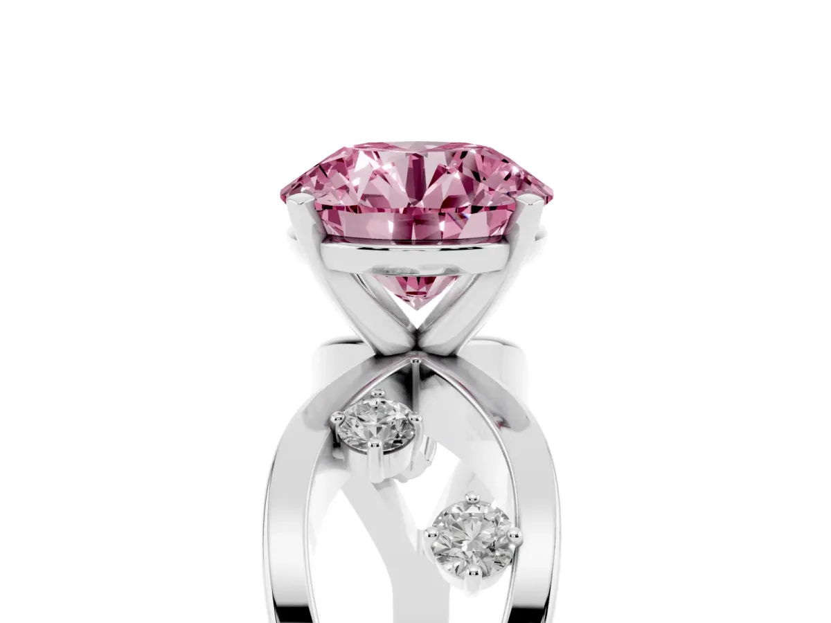 Fancy Pink Round Cut Cut Solitaire Diamond with Side Stones on Criss-Cross Band and Four-Prong Setting White gold