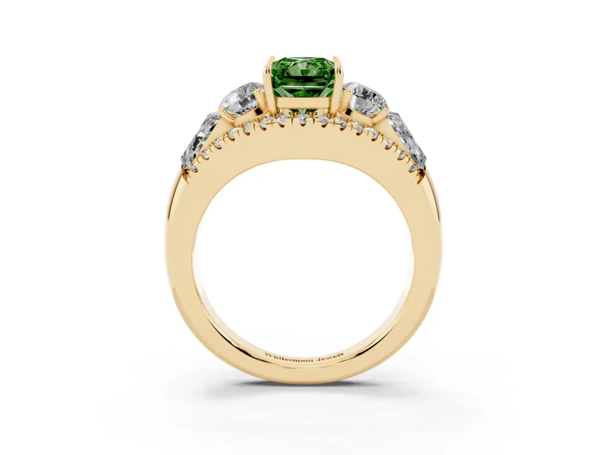 Fancy Green Three-Stone Radiant Cut Diamond Engagement Ring with Pave Band and Prong Setting Yellow gold
