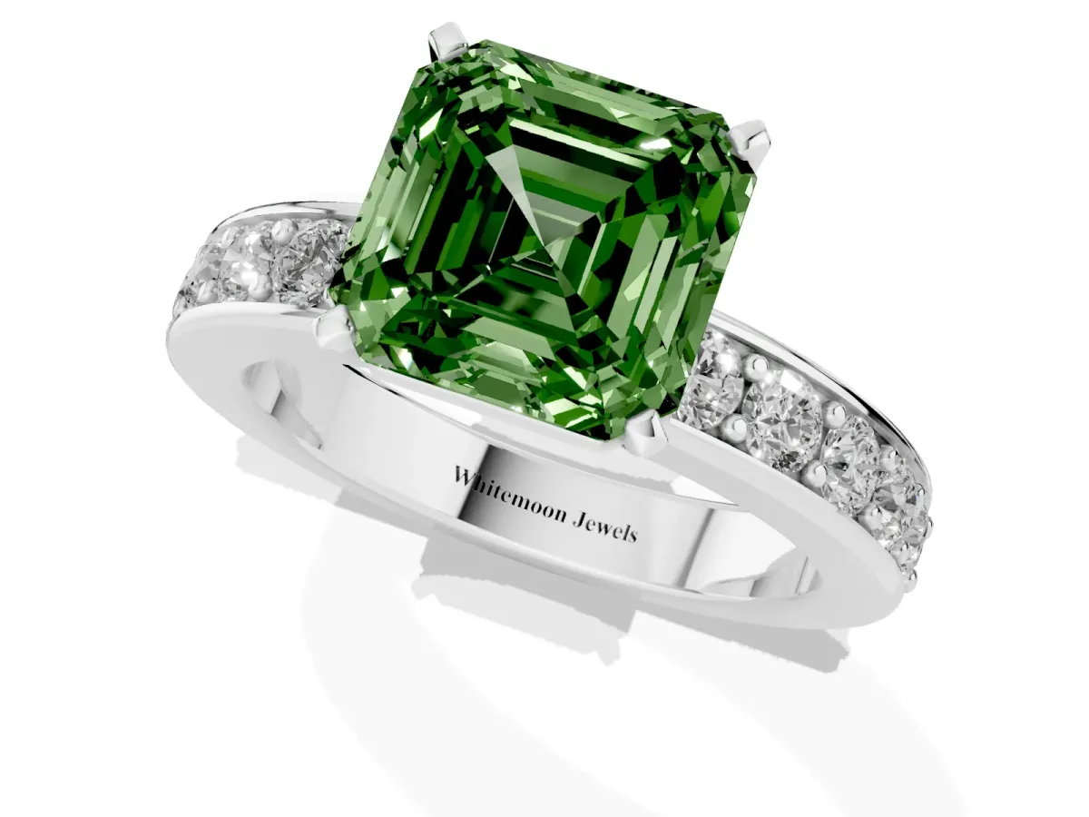 Fancy Green Asscher Cut Diamond Engagement Ring with Channel Set Round Band and Prong Setting Platinum