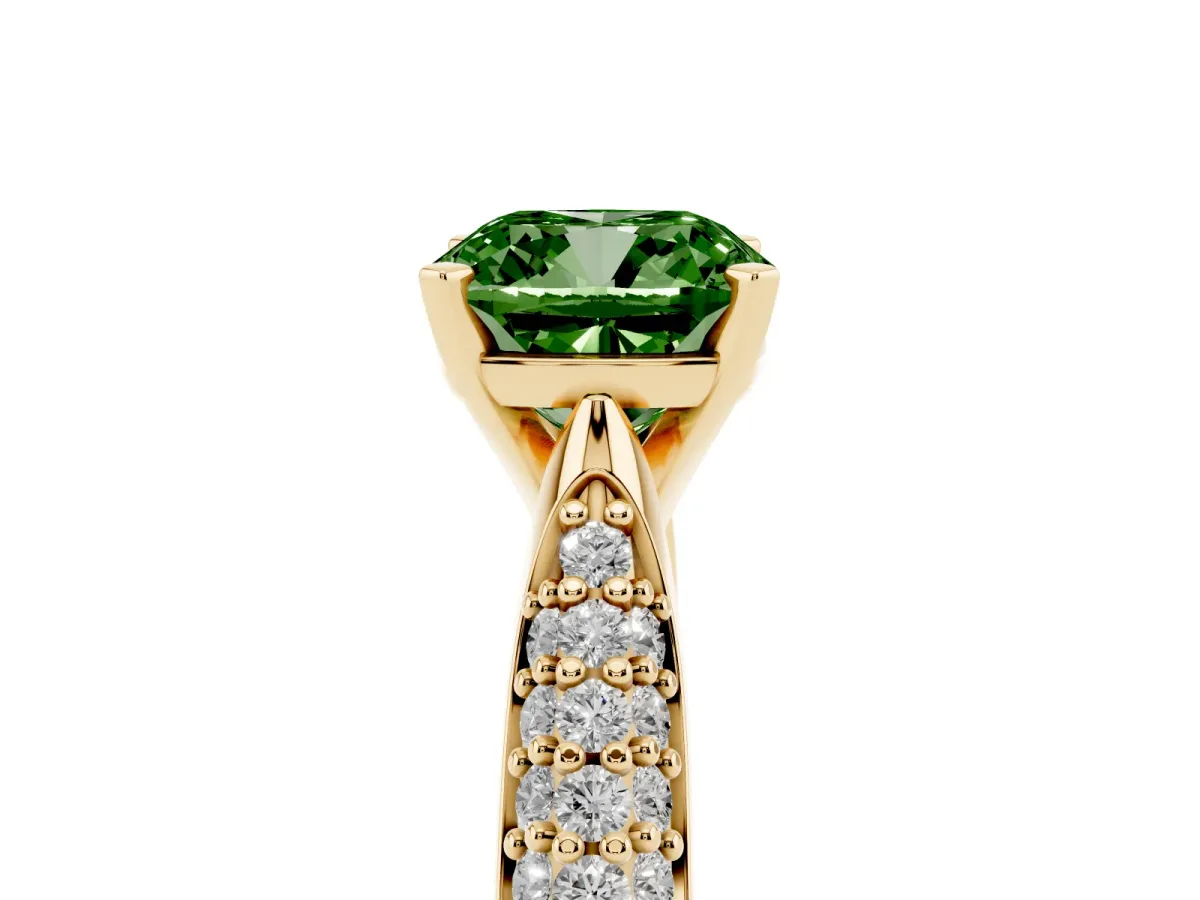 Fancy Green Cushion Cut Diamond Solitaire Engagement Ring with Multi-Row Round Pavé Band and Prong Setting Yellow gold