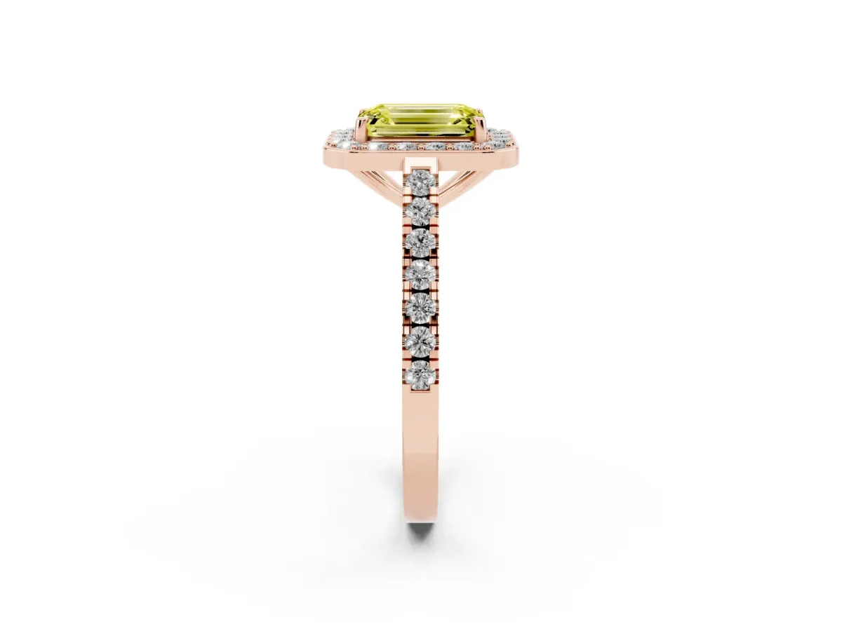 Fancy Yellow Emerald Cut Diamond Halo Ring with Round Pavé Split Shank and Prong Setting Rose gold