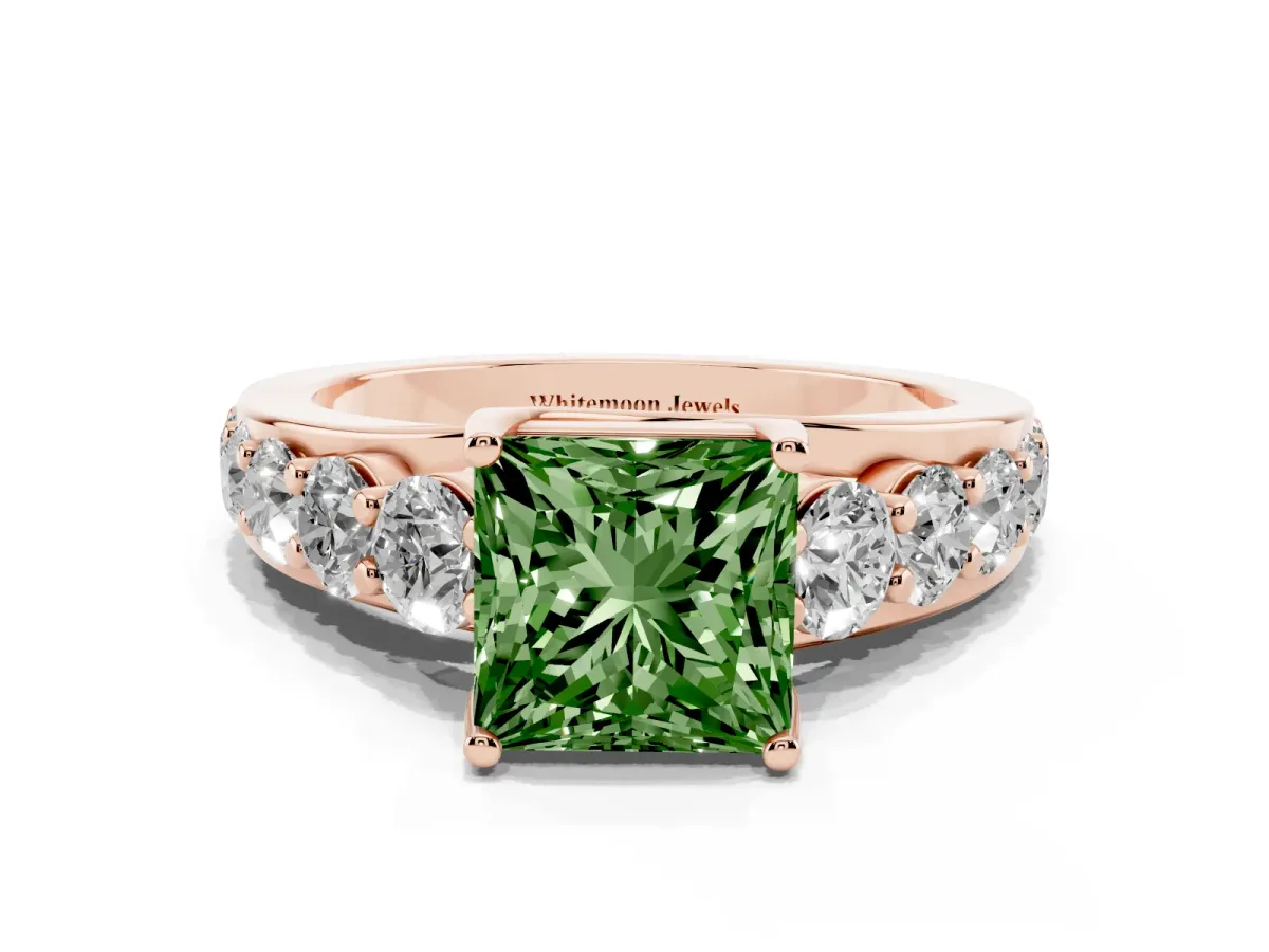 Fancy Green Princess Cut Diamond Engagement Ring with Pavé Band and Four-Prong Setting Rose gold