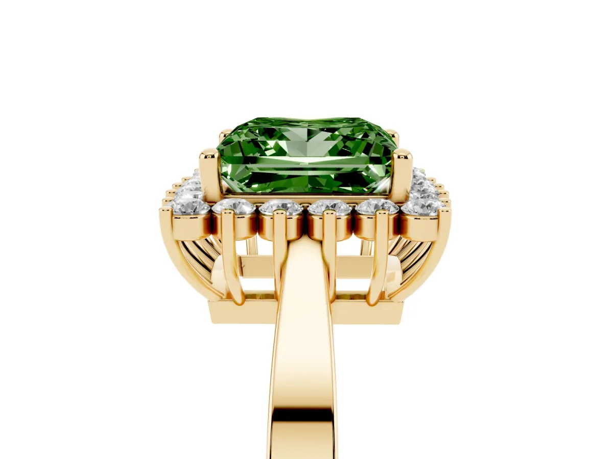 Fancy Green Princess Cut Cut Diamond Halo Ring with Round Brilliant Halo and Solitaire Band Yellow gold