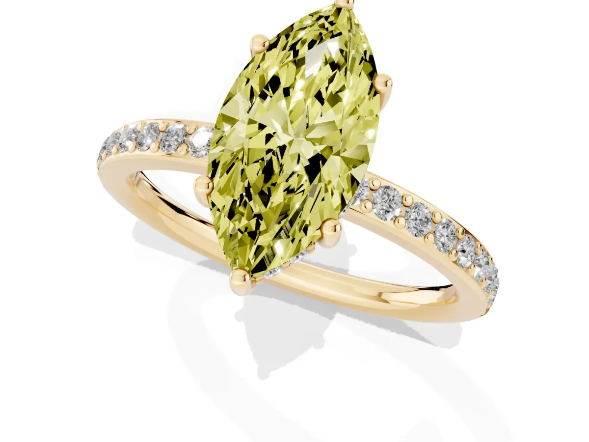 Fancy Yellow Marquise Cut Cut Diamond Pavé Band Ring with Four-Prong Setting Yellow gold