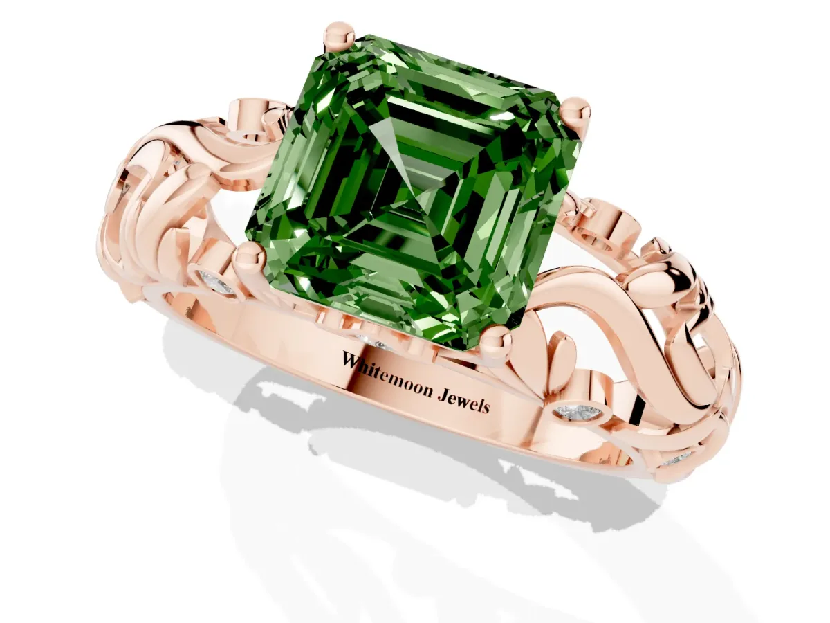 Fancy Green Asscher Cut Solitaire Diamond Leaf-Inspired Vine Band Ring with Prong Setting Rose gold