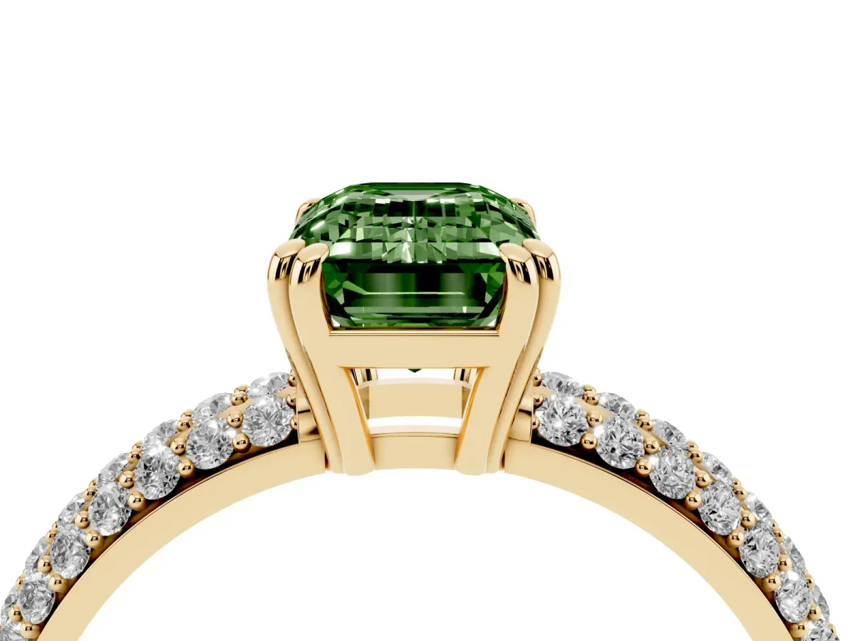 Fancy Green Emerald Cut Diamond Solitaire Ring with Multi-Row Round Pavé Band and Prong Setting Yellow gold