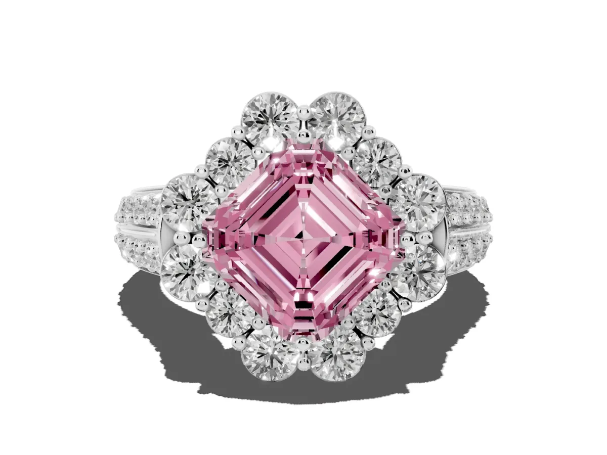 Fancy Pink Asscher Cut Halo Diamond Engagement Ring with Split Shank and Prong Setting Silver