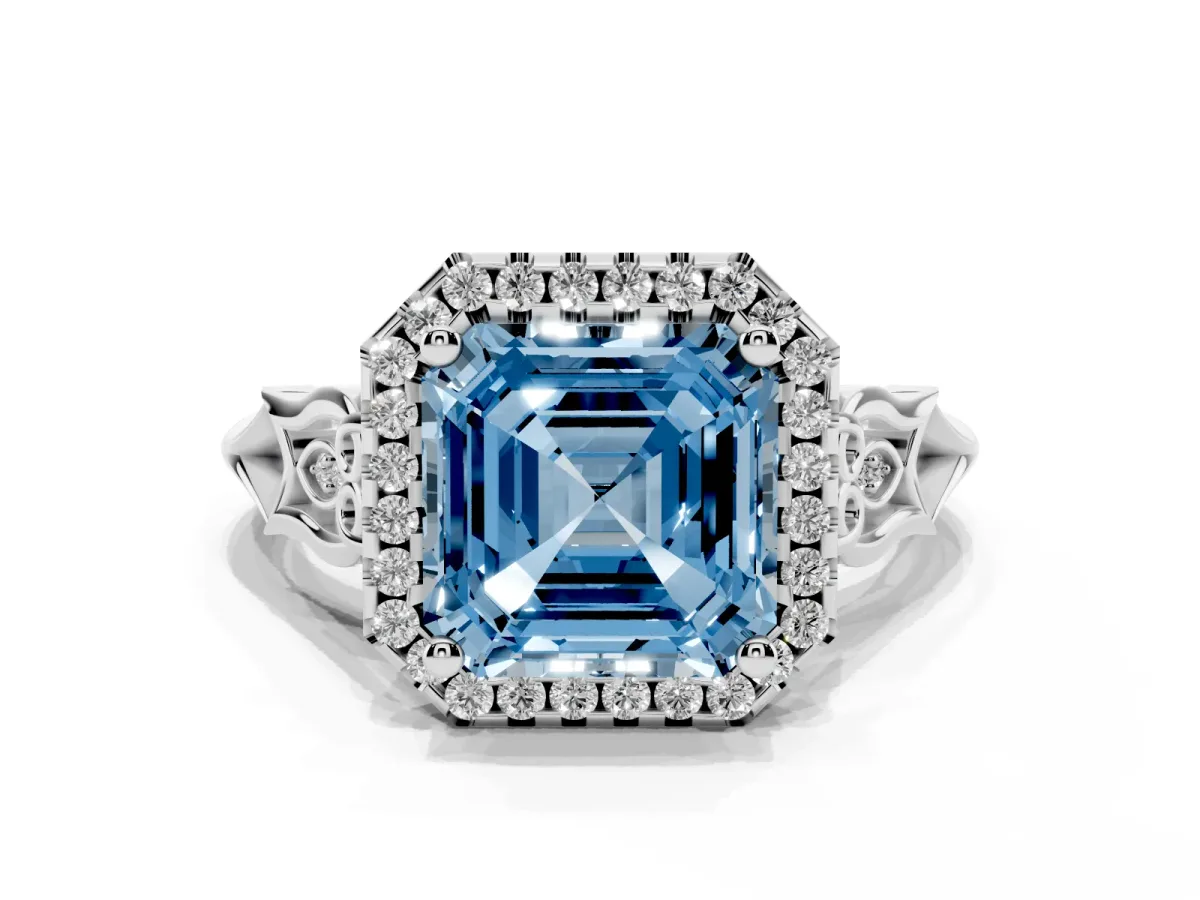 Fancy Blue Asscher Cut Halo Diamond Engagement Ring with Filigree Band and Four-Prong Setting Silver