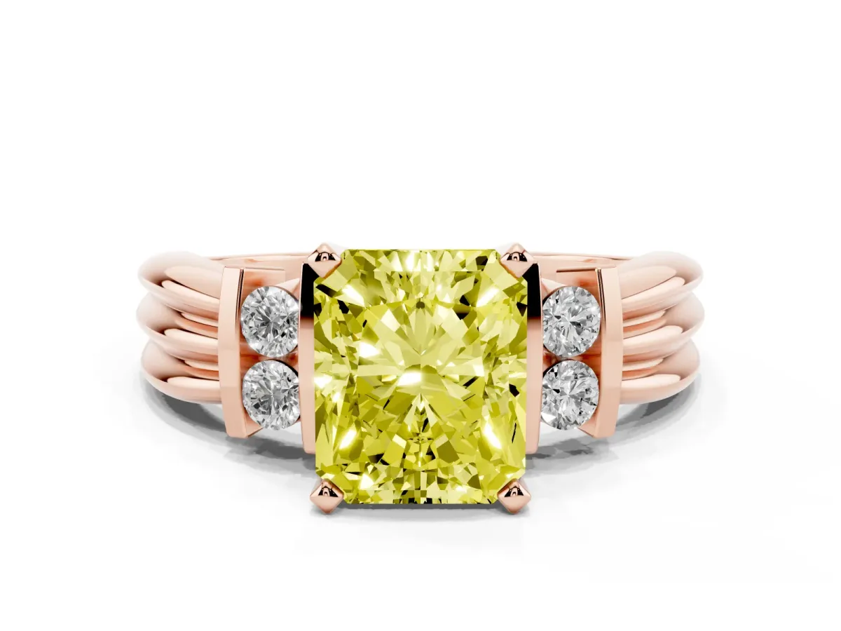 Fancy Yellow Radiant Cut Cut Three-Stone Channel Set Ring with Bar Prongs Rose gold
