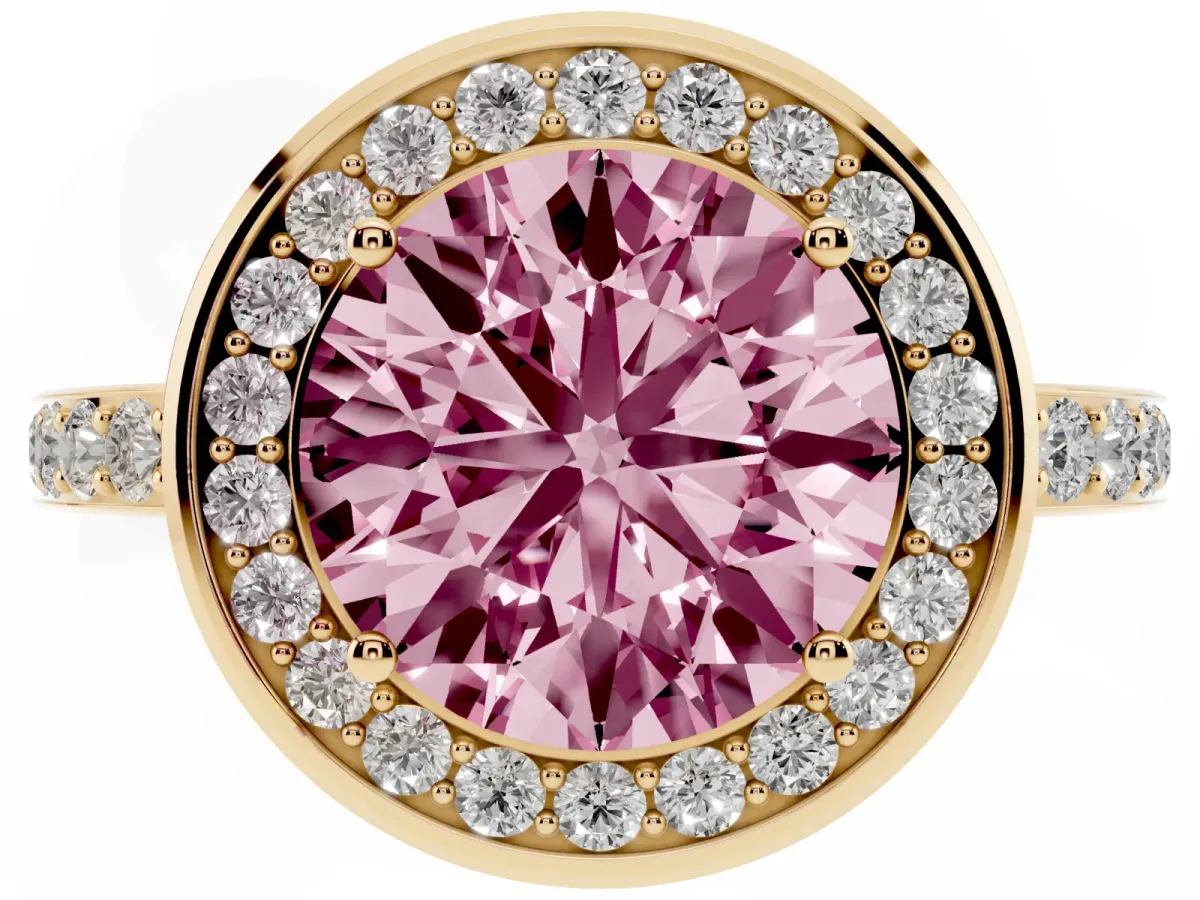 Fancy Pink Round Cut Diamond Halo Ring with Bezel Frame and Pavé Band Yellow gold
