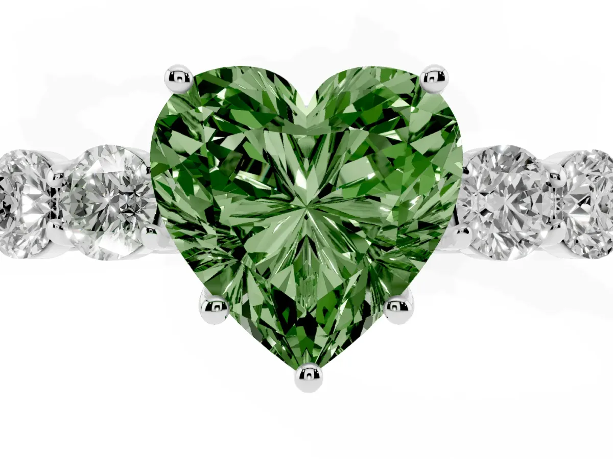Fancy Green Heart Cut Cut Diamond Five-Stone Prong Set White Gold Ring Silver