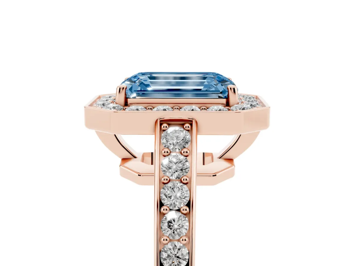 Fancy Blue Emerald Cut Halo Pavé Diamond Engagement Ring with Bezel Setting Rose gold