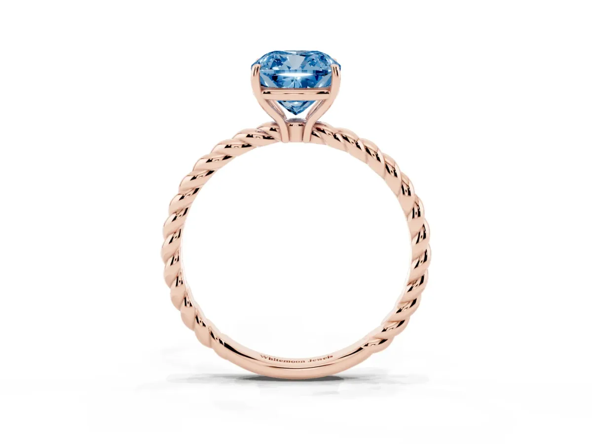 Fancy Blue Cushion Cut Solitaire Twist Band Ring with Four-Prong Setting Rose gold