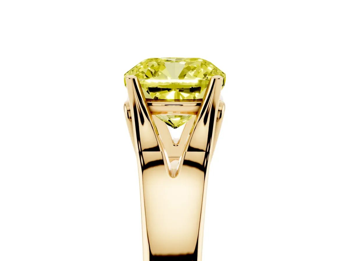 Fancy Yellow Cushion Cut Solitaire Diamond Ring with Cathedral Band and Four-Prong Setting Yellow gold
