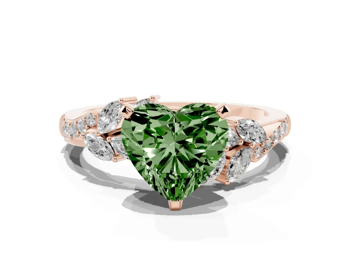 Fancy Green Heart Cut Solitaire Marquise Twist Band with Six-Prong Setting Rose gold