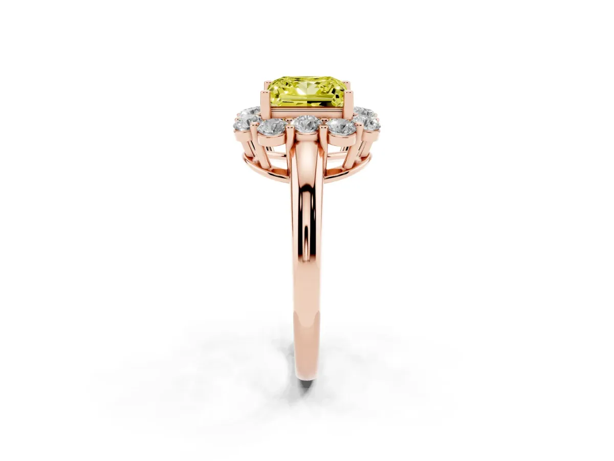 Fancy Yellow Princess Cut Halo Milgrain Solitaire with Bezel Set Side Stones and Pave Band Rose gold