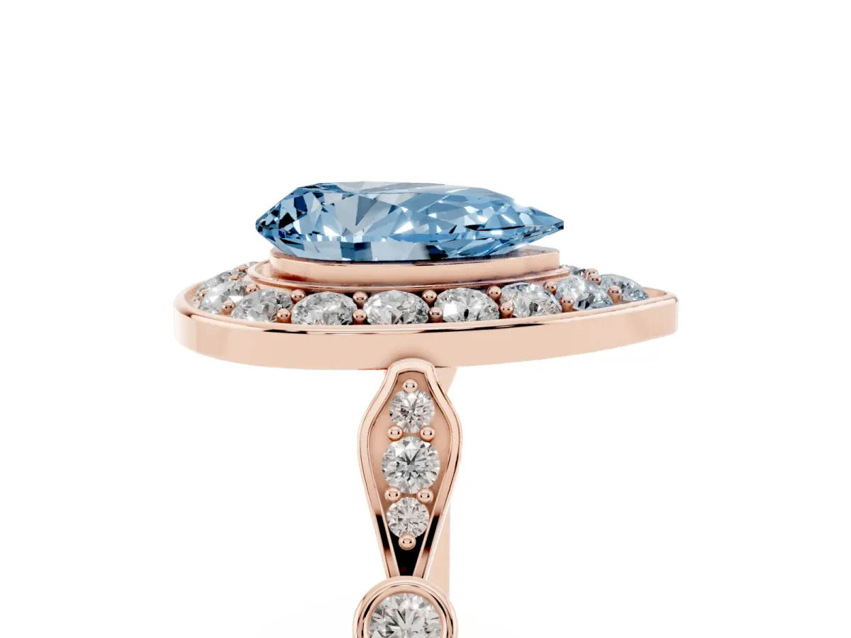 Fancy Blue Pear Cut Halo Diamond Engagement Ring with Twisted Band and Four-Prong Setting Rose gold