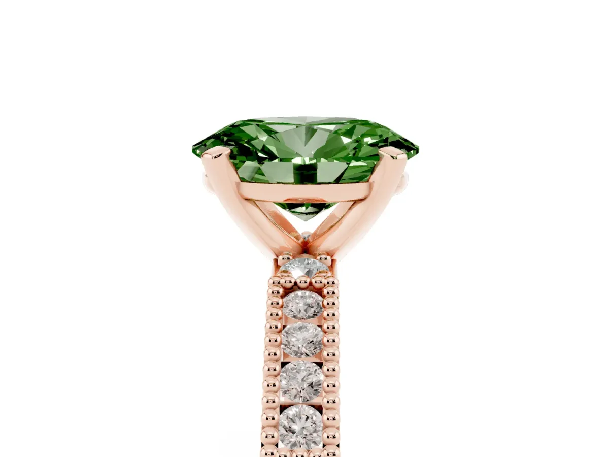 Fancy Green Oval Cut Solitaire with Pavé Band and Four-Prong Setting Rose gold