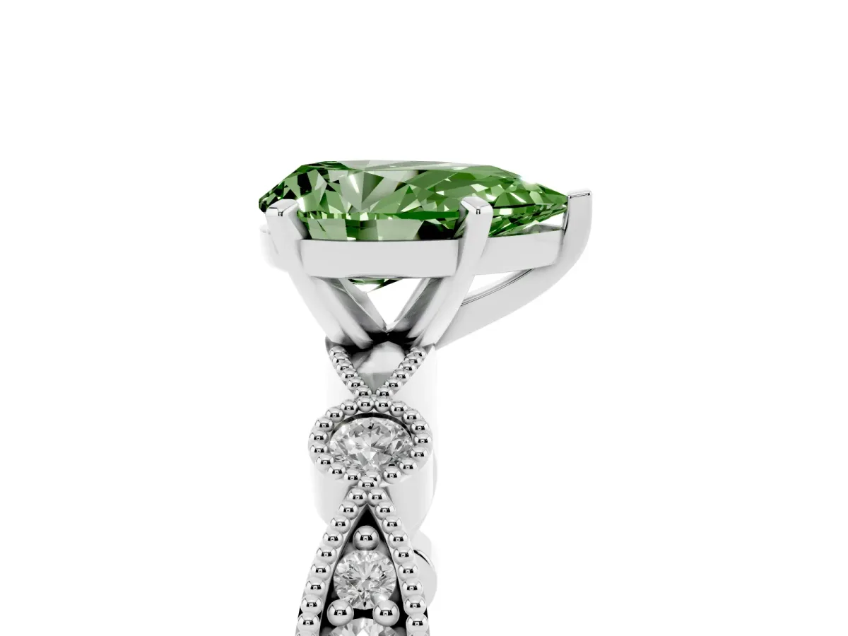 Fancy Green Pear Cut Milgrain Bezel Diamond Engagement Ring with Solitaire Prong Setting Silver