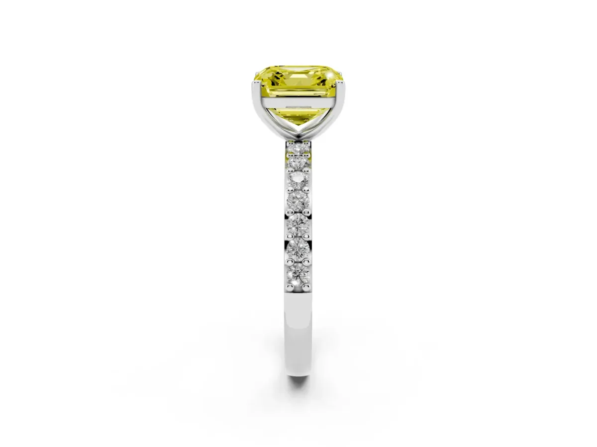 Fancy Yellow Asscher Cut Cut Diamond Solitaire with Pave Band and Four-Prong Setting Silver
