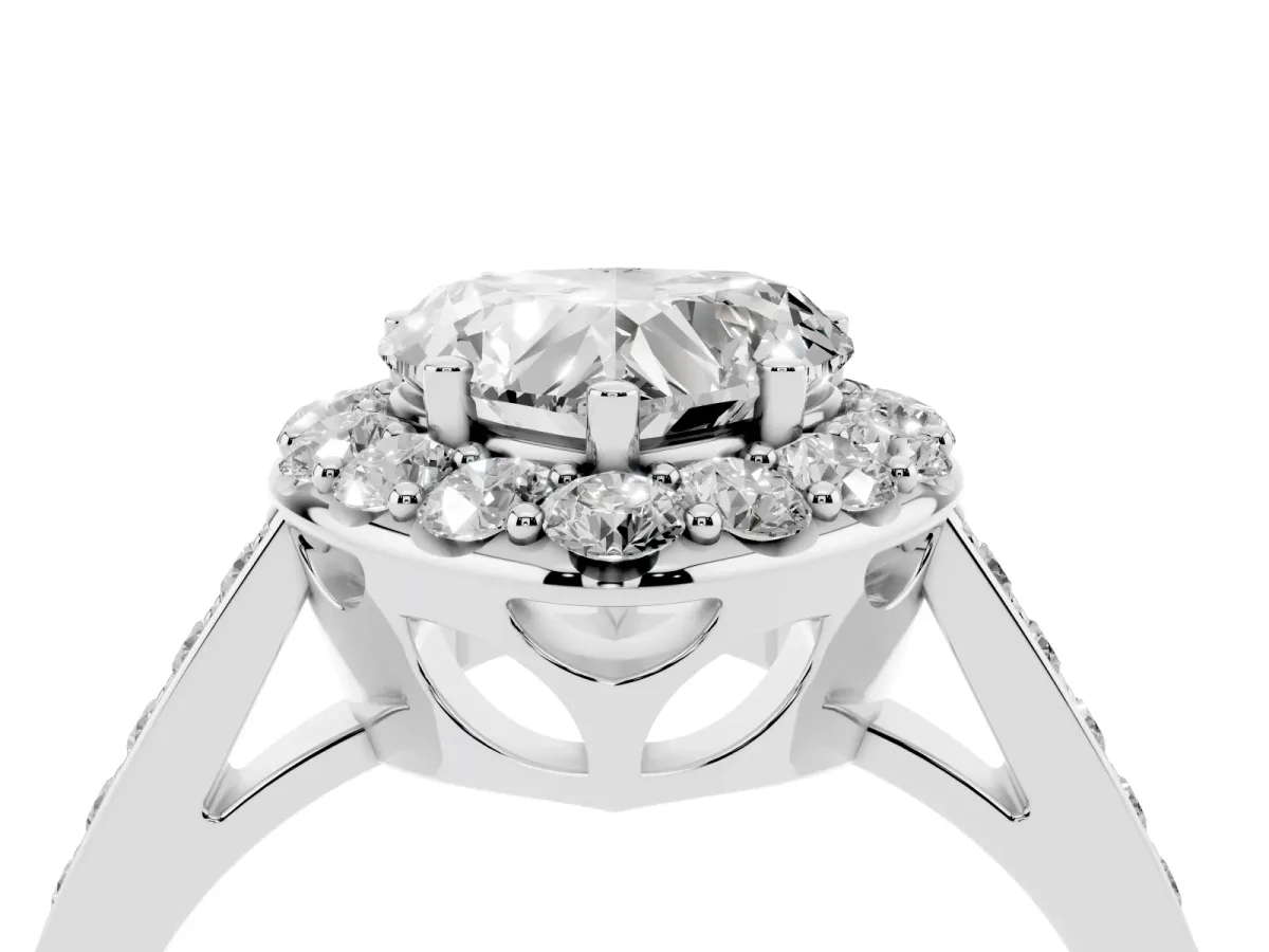 Heart Cut Diamond Floral Halo Ring with Pavé Band and Prong Setting White gold