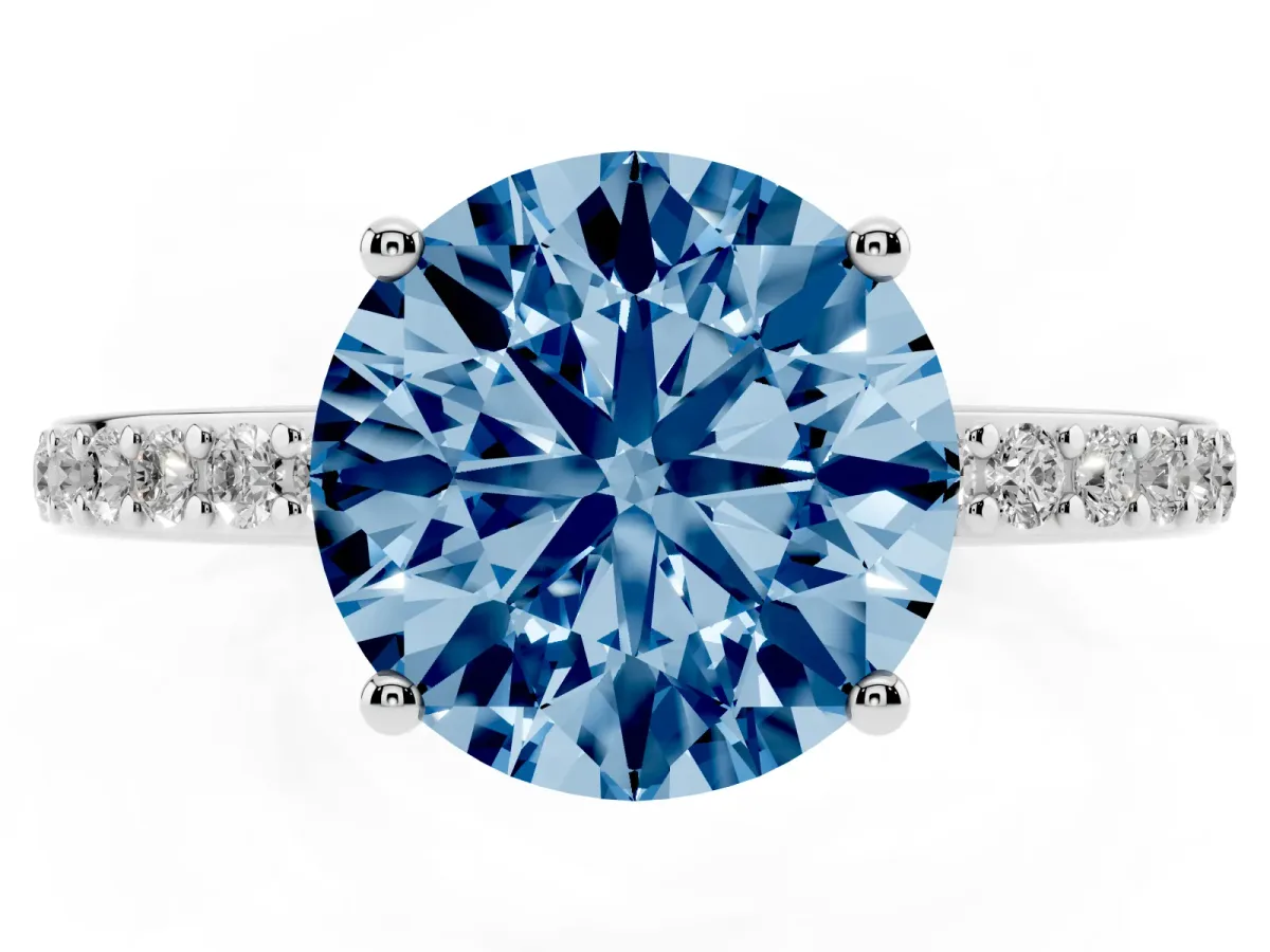 Fancy Blue Round Cut Cut Diamond Pavé Band Ring with Four-Prong Setting Silver