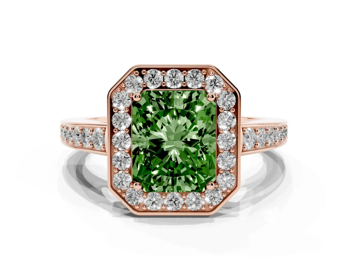 Fancy Green Radiant Cut Halo Pavé Diamond Engagement Ring with Bezel Setting Rose gold