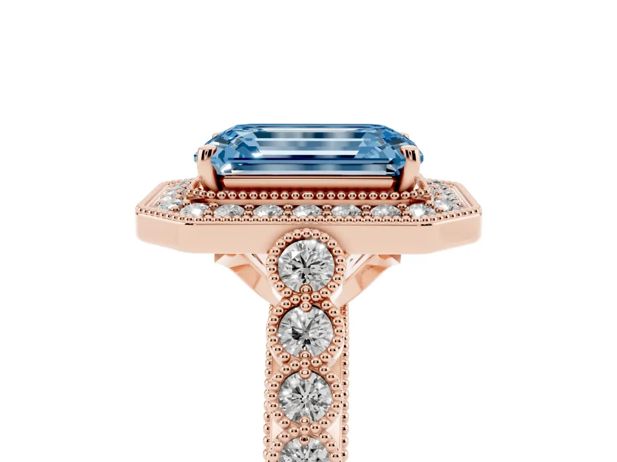 Fancy Blue Emerald Cut Halo Milgrain Solitaire with Bezel Set Side Stones and Pave Band Rose gold
