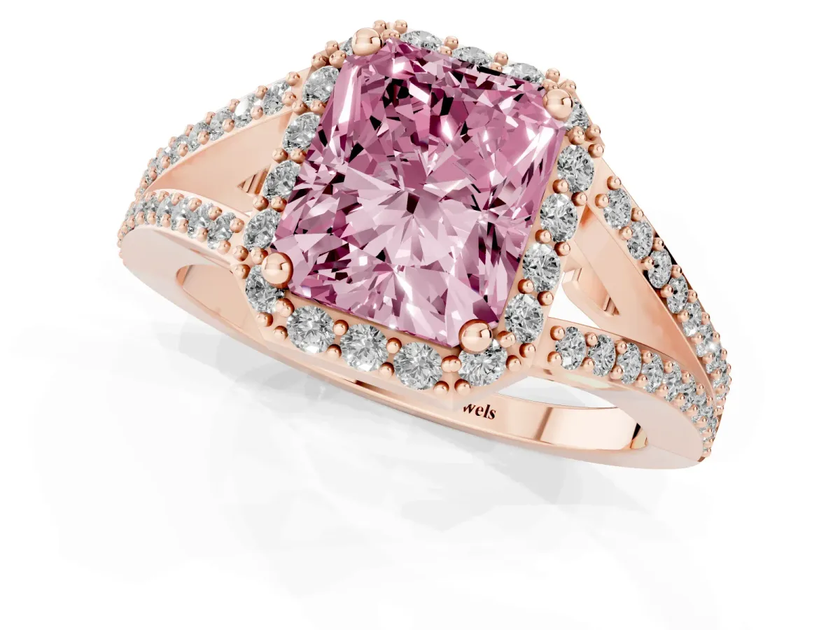 Fancy Pink Radiant Cut Halo Split Shank Diamond Ring with Prong Setting Rose gold