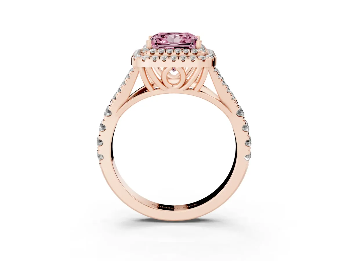 Fancy Pink Princess Cut Diamond Pavé Split Shank Double Halo Engagement Ring Rose gold