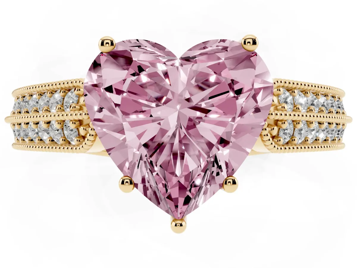 Fancy Pink Heart Cut Cut Pave Split Shank Engagement Ring with Four-Prong Setting Yellow gold