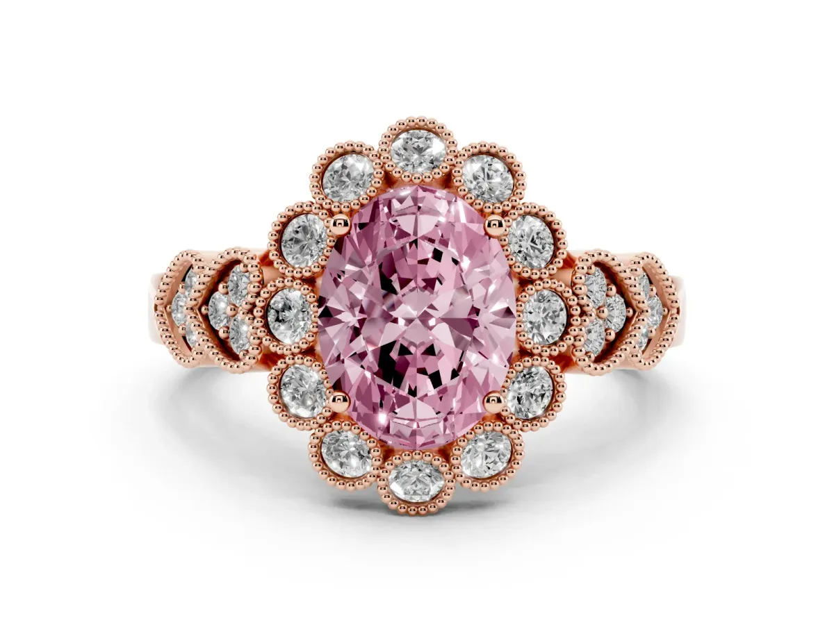 Fancy Pink Oval Cut Brilliant Milgrain Pave Heart Band Solitaire Ring Rose gold