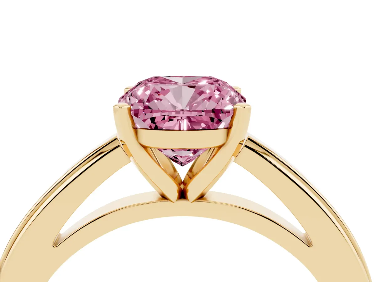 Fancy Pink Cushion Cut Solitaire Diamond Ring with Four-Prong Setting and Classic Band Yellow gold