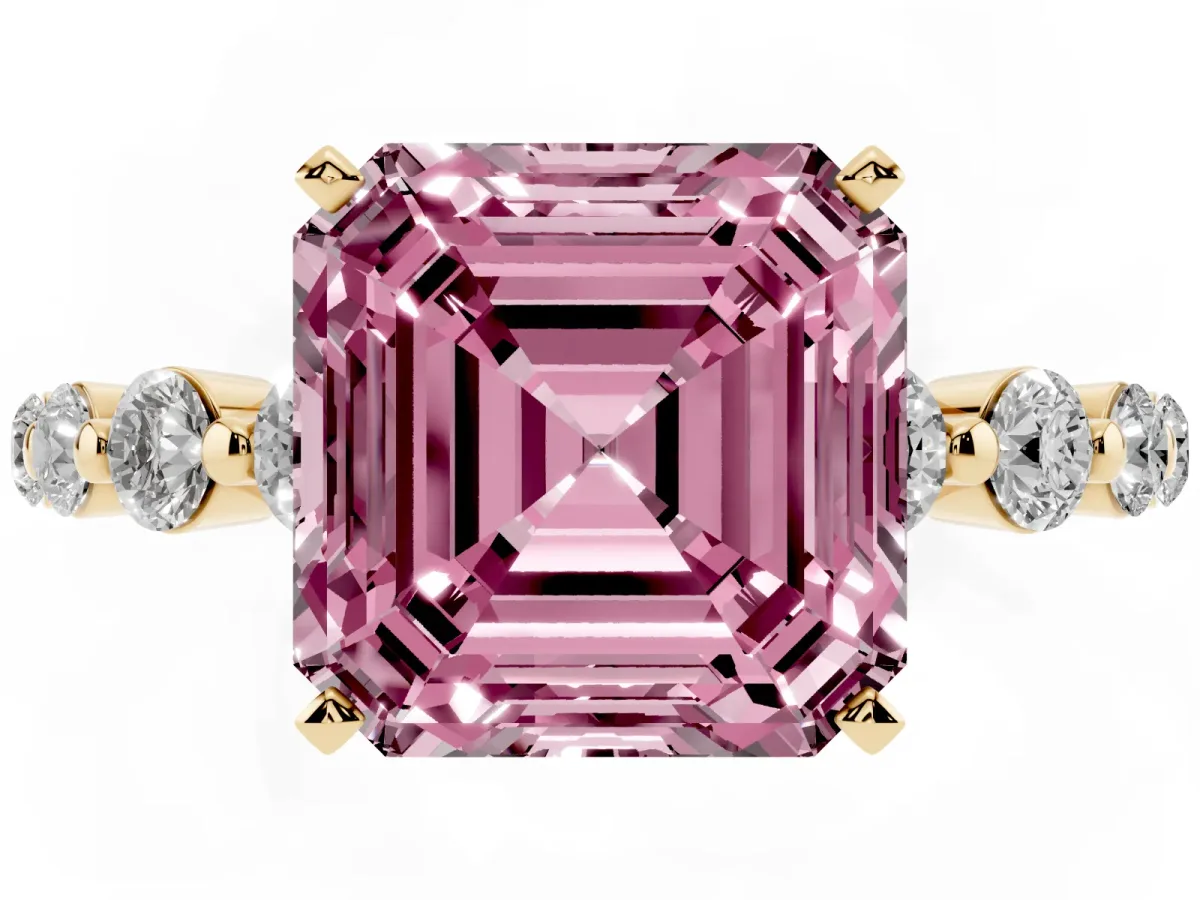 Fancy Pink Asscher Cut Solitaire Diamond Ring with Pave Band and Four-Prong Setting Yellow gold
