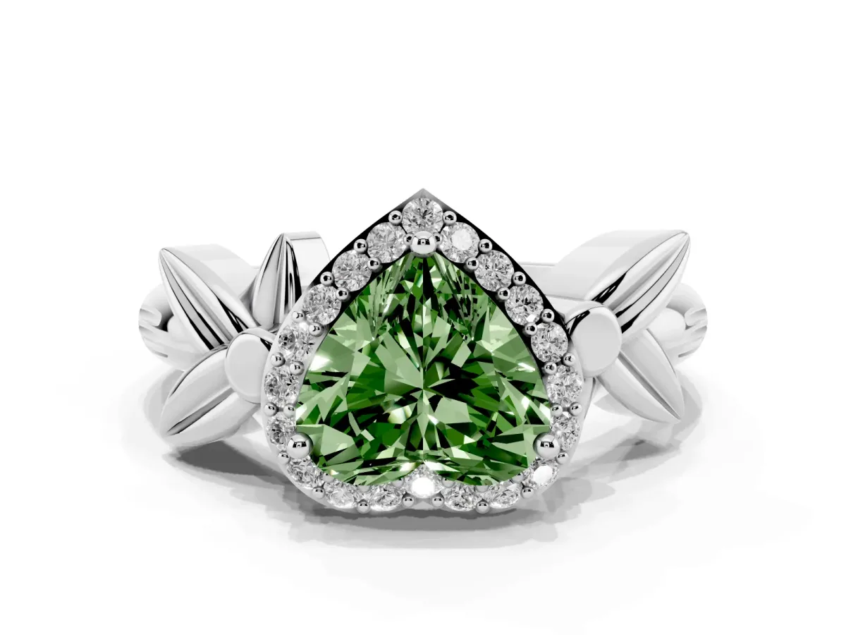Fancy Green Heart Cut Halo Diamond Floral Band with Four-Prong Setting Silver