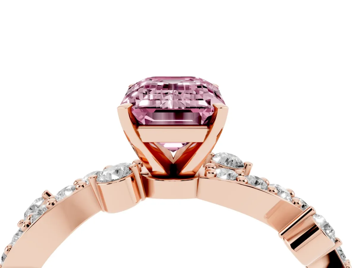 Fancy Pink Emerald Cut Cut Solitaire Diamond Twisted Band with Pave Setting Rose gold