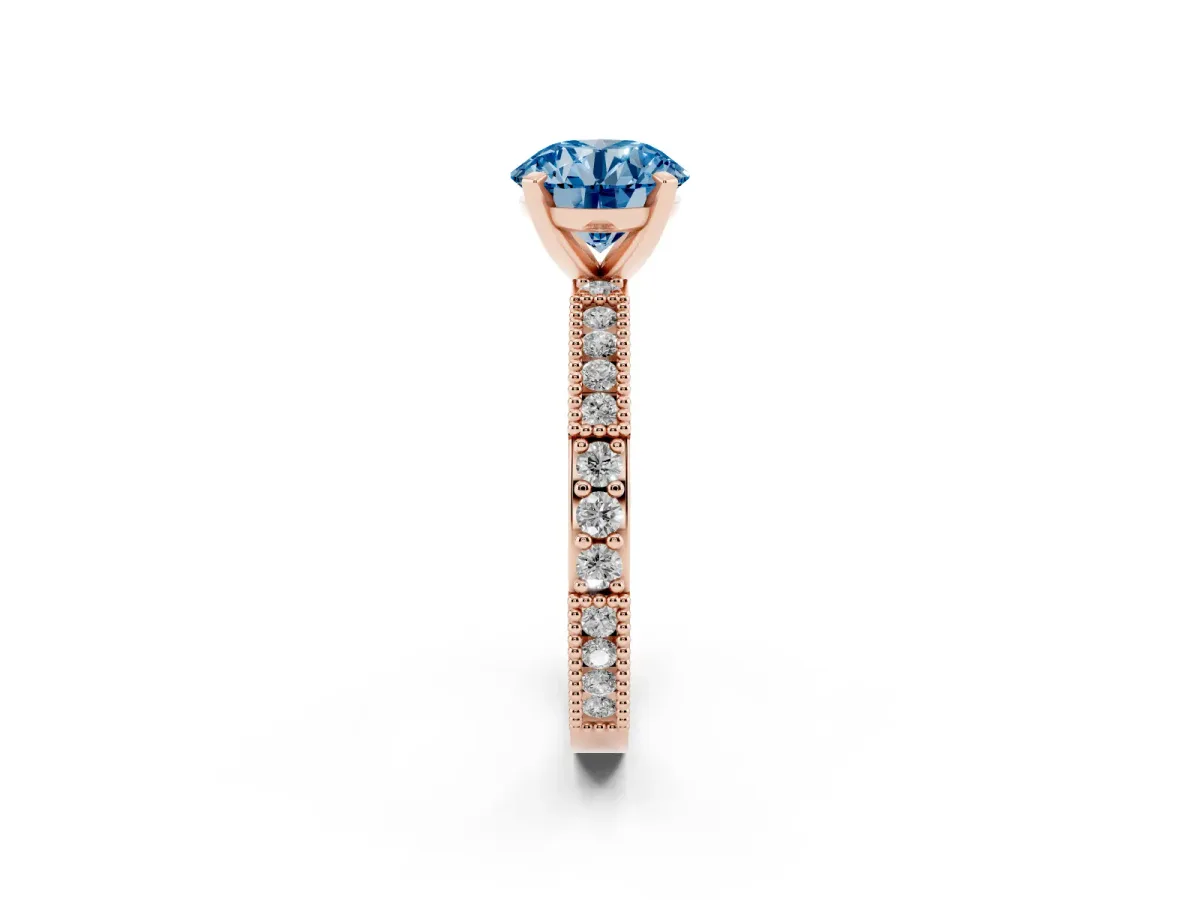 Fancy Blue Round Cut Solitaire with Pavé Band and Four-Prong Setting Rose gold