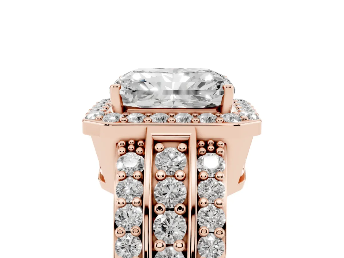 Radiant Cut Halo Diamond Ring with Round Split Shank and Prong Setting Rose gold