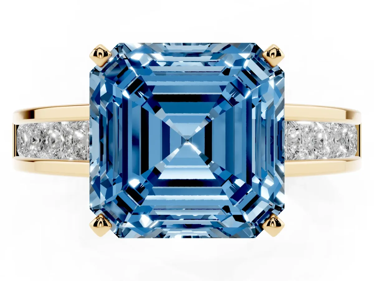 Fancy Blue Asscher Cut Solitaire Diamond Ring with Channel-Set Band and Four-Prong Setting Yellow gold