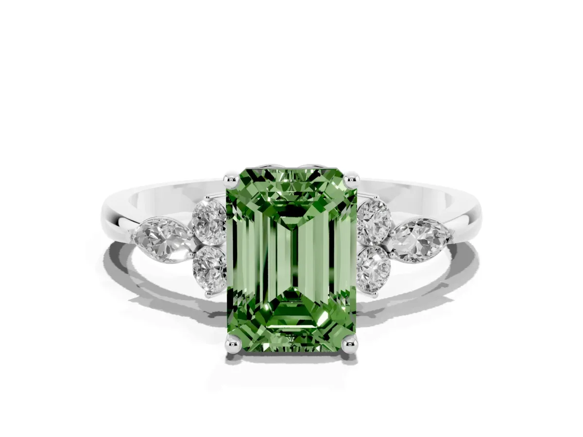 Fancy Green Emerald Cut Brilliant Diamond Solitaire Ring with Pear Side Stones and Four-Prong Setting Platinum