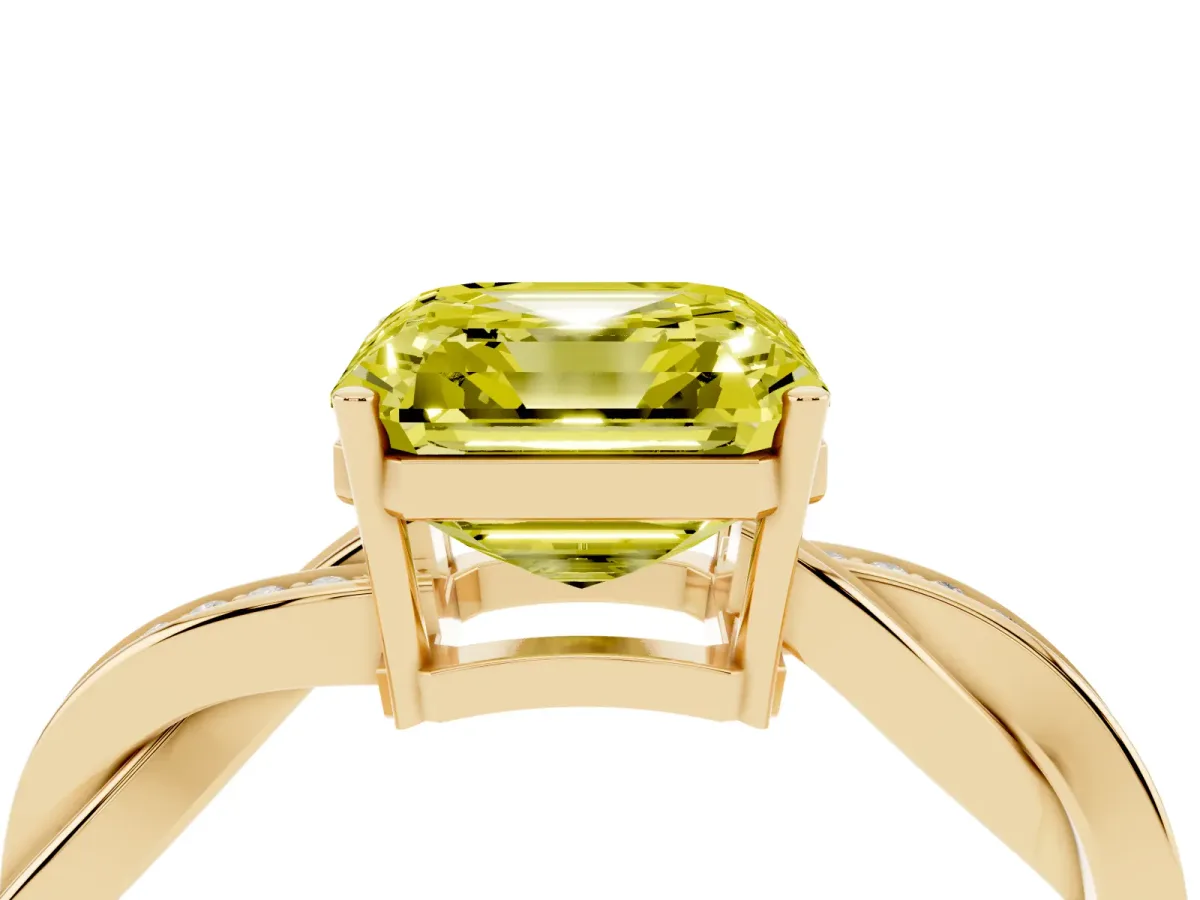 Fancy Yellow Asscher Cut Solitaire Twisted Pave Diamond Ring with Four-Prong Setting Yellow gold